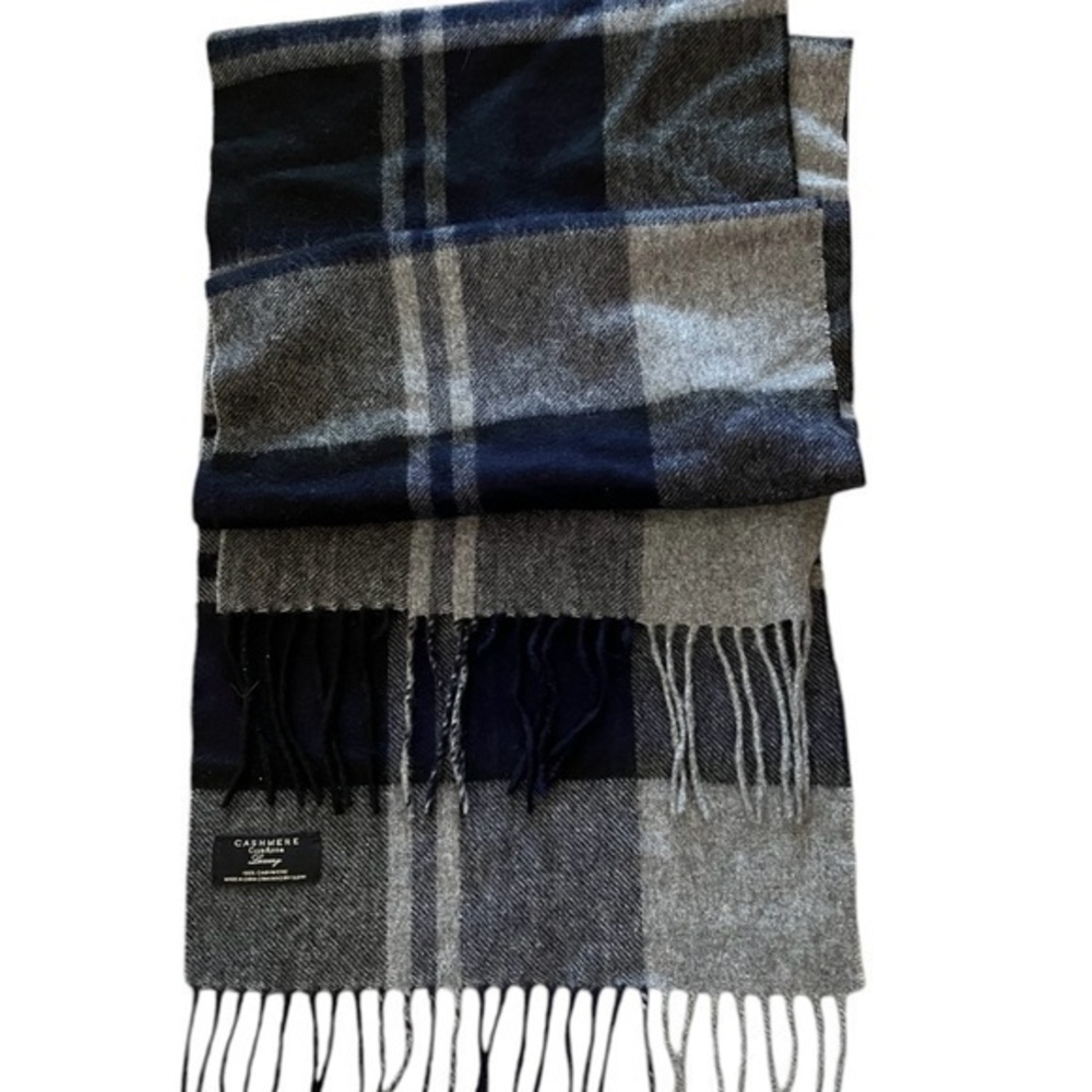 CLUB ROOM Luxury 100% cashmere plaid winter scarf, gray navy blue & black